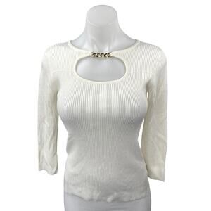 NEW T Tahari Ivory Boat Neck Gold Metal Chain Rib Knit 3/4 Sleeve Cutout Top S